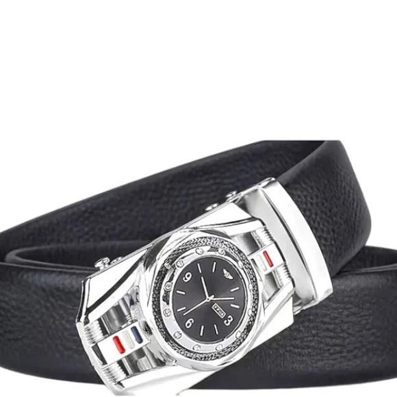 Black Leather Watch Belt with Silver Buckle Watch 🔥 49in - Picture 2 of 3